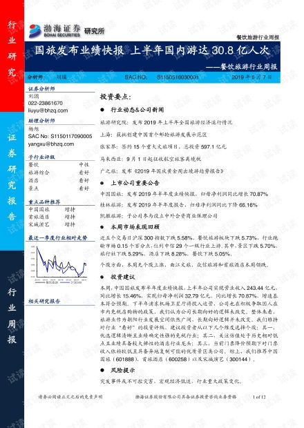 餐飲旅游行業周報 國旅發布業績快報上半年國內游達30.8億人次.pdf 專業指導文檔類資源 csdn下載
